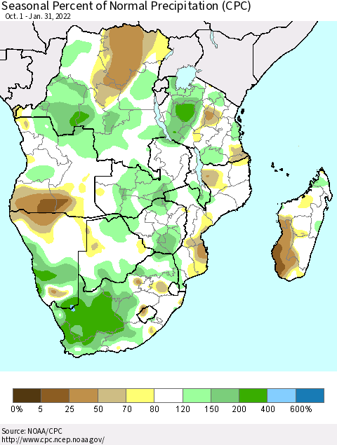 Southern Africa Seasonal Percent of Normal Precipitation (CPC) Thematic Map For 10/1/2021 - 1/31/2022