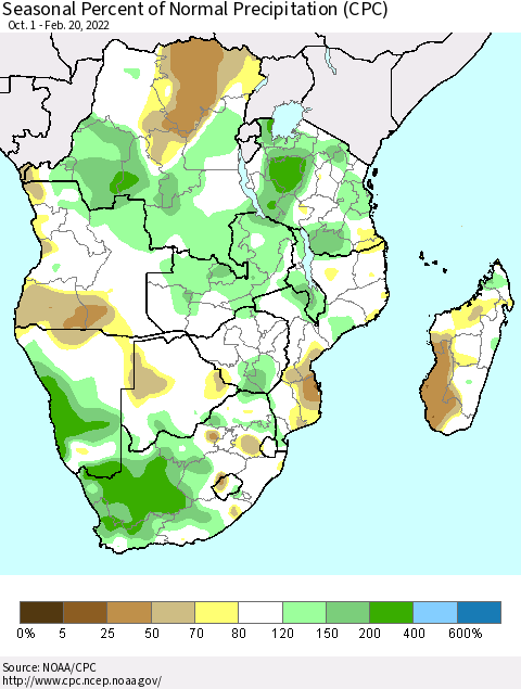 Southern Africa Seasonal Percent of Normal Precipitation (CPC) Thematic Map For 10/1/2021 - 2/20/2022