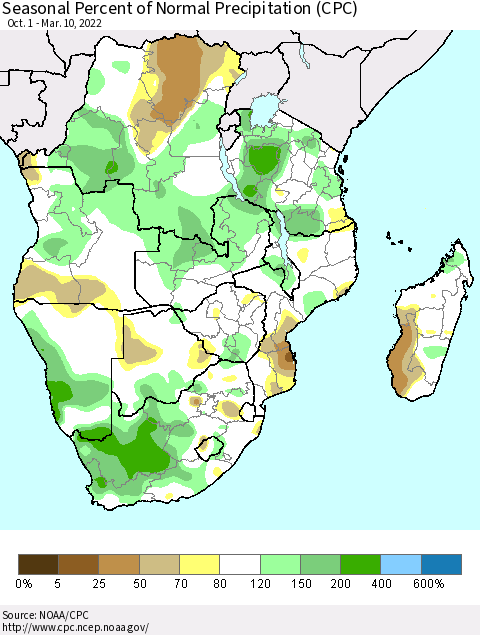 Southern Africa Seasonal Percent of Normal Precipitation (CPC) Thematic Map For 10/1/2021 - 3/10/2022