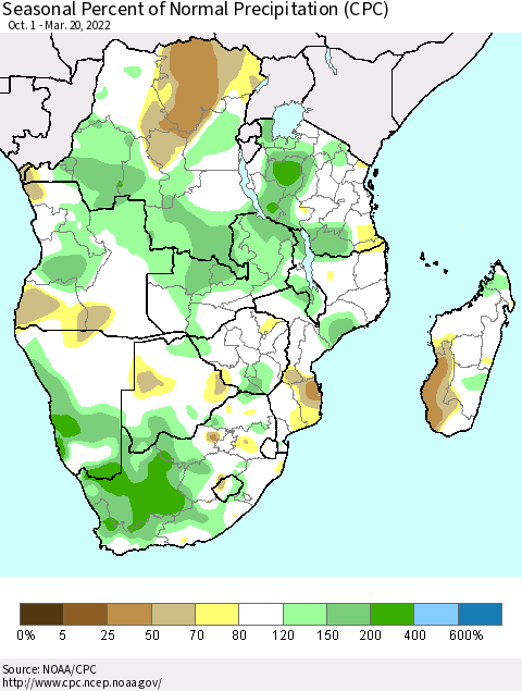 Southern Africa Seasonal Percent of Normal Precipitation (CPC) Thematic Map For 10/1/2021 - 3/20/2022