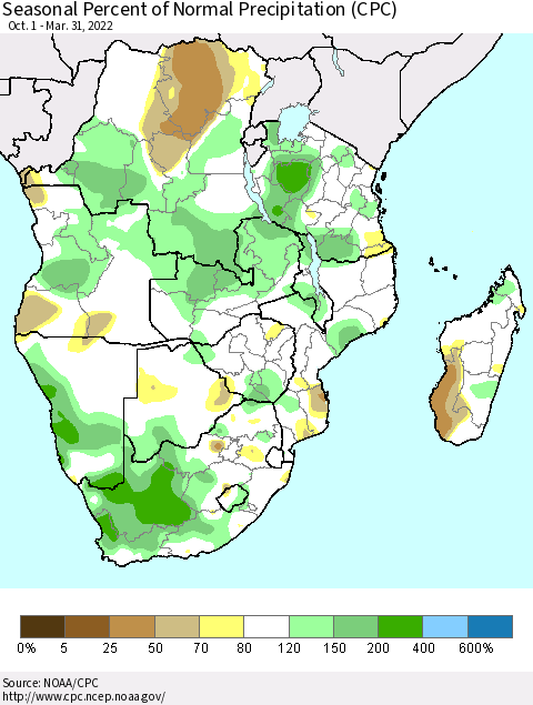 Southern Africa Seasonal Percent of Normal Precipitation (CPC) Thematic Map For 10/1/2021 - 3/31/2022