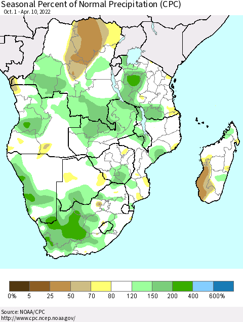 Southern Africa Seasonal Percent of Normal Precipitation (CPC) Thematic Map For 10/1/2021 - 4/10/2022