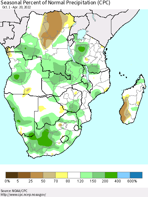 Southern Africa Seasonal Percent of Normal Precipitation (CPC) Thematic Map For 10/1/2021 - 4/20/2022