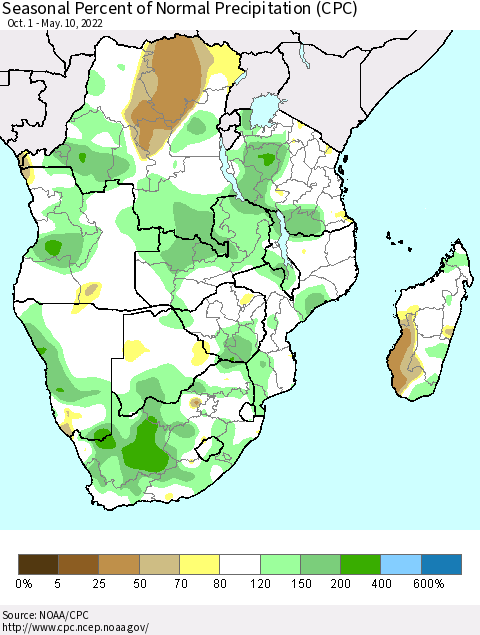 Southern Africa Seasonal Percent of Normal Precipitation (CPC) Thematic Map For 10/1/2021 - 5/10/2022