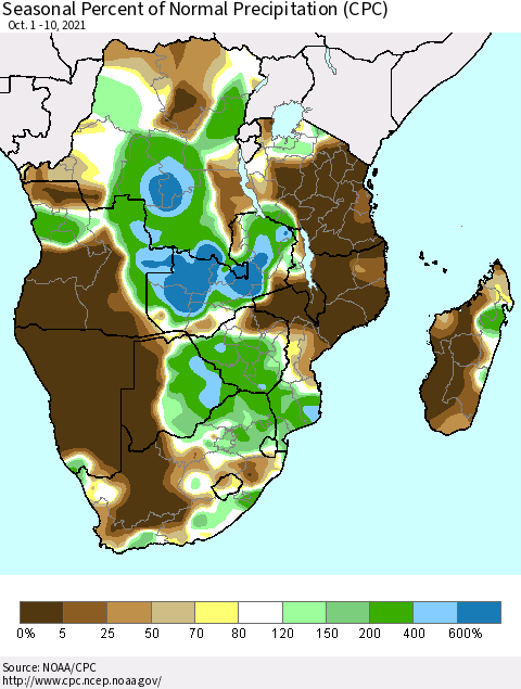 Southern Africa Seasonal Percent of Normal Precipitation (CPC) Thematic Map For 10/1/2021 - 10/10/2021