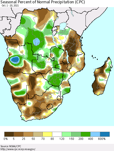 Southern Africa Seasonal Percent of Normal Precipitation (CPC) Thematic Map For 10/1/2021 - 10/20/2021