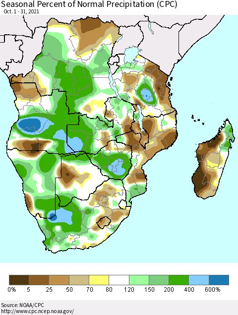 Southern Africa Seasonal Percent of Normal Precipitation (CPC) Thematic Map For 10/1/2021 - 10/31/2021