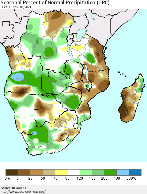 Southern Africa Seasonal Percent of Normal Precipitation (CPC) Thematic Map For 10/1/2021 - 11/10/2021