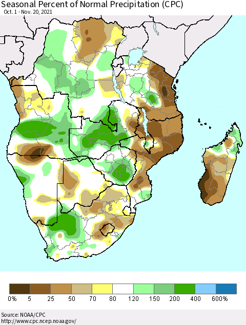 Southern Africa Seasonal Percent of Normal Precipitation (CPC) Thematic Map For 10/1/2021 - 11/20/2021