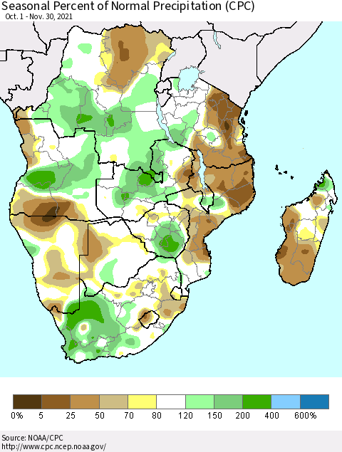 Southern Africa Seasonal Percent of Normal Precipitation (CPC) Thematic Map For 10/1/2021 - 11/30/2021