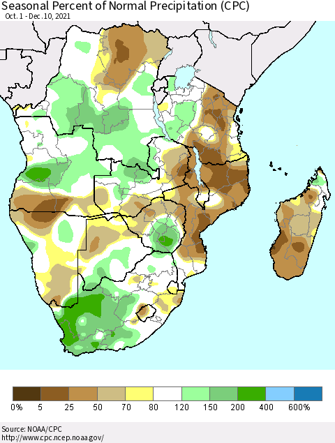 Southern Africa Seasonal Percent of Normal Precipitation (CPC) Thematic Map For 10/1/2021 - 12/10/2021