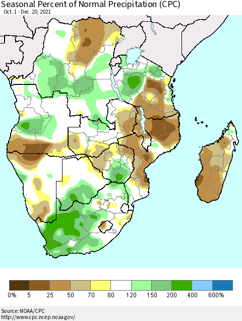 Southern Africa Seasonal Percent of Normal Precipitation (CPC) Thematic Map For 10/1/2021 - 12/20/2021