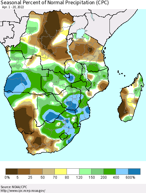 Southern Africa Seasonal Percent of Normal Precipitation (CPC) Thematic Map For 4/1/2022 - 4/20/2022