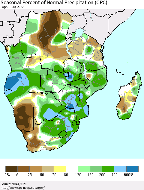 Southern Africa Seasonal Percent of Normal Precipitation (CPC) Thematic Map For 4/1/2022 - 4/30/2022