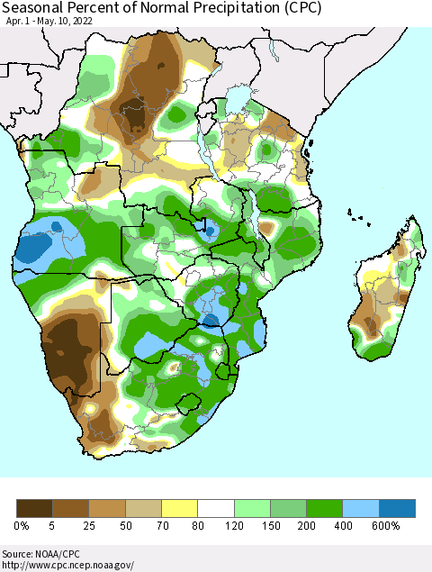 Southern Africa Seasonal Percent of Normal Precipitation (CPC) Thematic Map For 4/1/2022 - 5/10/2022