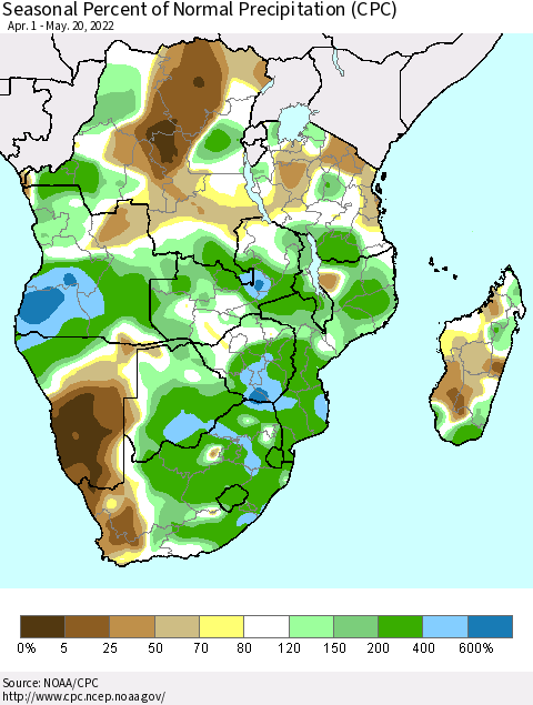 Southern Africa Seasonal Percent of Normal Precipitation (CPC) Thematic Map For 4/1/2022 - 5/20/2022