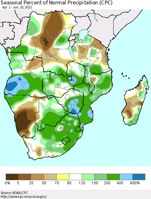 Southern Africa Seasonal Percent of Normal Precipitation (CPC) Thematic Map For 4/1/2022 - 6/20/2022