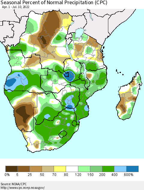 Southern Africa Seasonal Percent of Normal Precipitation (CPC) Thematic Map For 4/1/2022 - 7/10/2022
