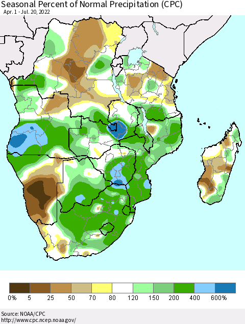 Southern Africa Seasonal Percent of Normal Precipitation (CPC) Thematic Map For 4/1/2022 - 7/20/2022