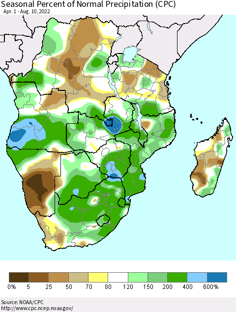 Southern Africa Seasonal Percent of Normal Precipitation (CPC) Thematic Map For 4/1/2022 - 8/10/2022