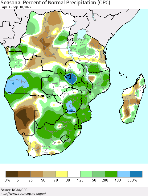 Southern Africa Seasonal Percent of Normal Precipitation (CPC) Thematic Map For 4/1/2022 - 9/10/2022