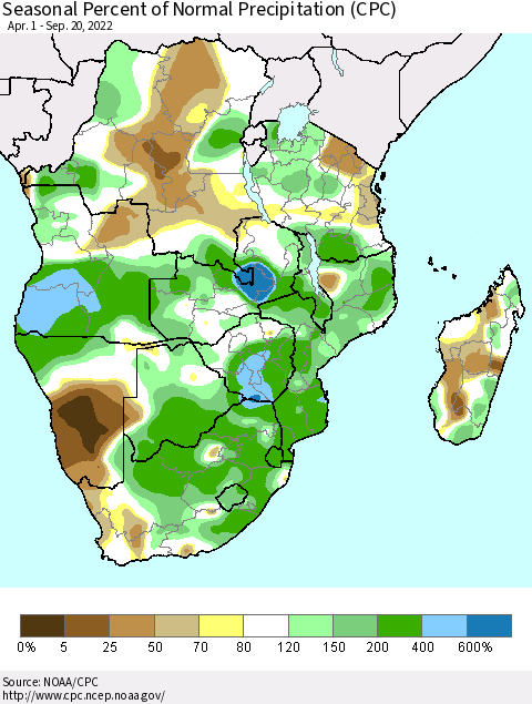 Southern Africa Seasonal Percent of Normal Precipitation (CPC) Thematic Map For 4/1/2022 - 9/20/2022