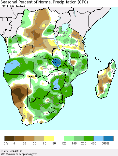 Southern Africa Seasonal Percent of Normal Precipitation (CPC) Thematic Map For 4/1/2022 - 9/30/2022