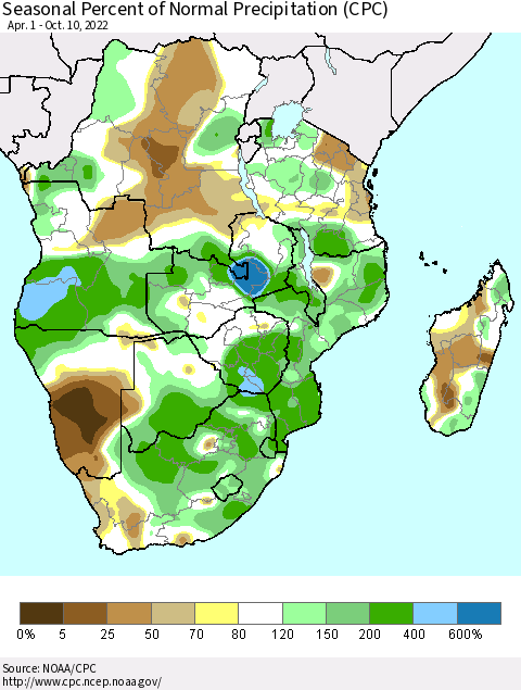 Southern Africa Seasonal Percent of Normal Precipitation (CPC) Thematic Map For 4/1/2022 - 10/10/2022