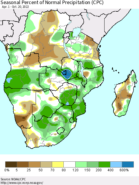 Southern Africa Seasonal Percent of Normal Precipitation (CPC) Thematic Map For 4/1/2022 - 10/20/2022