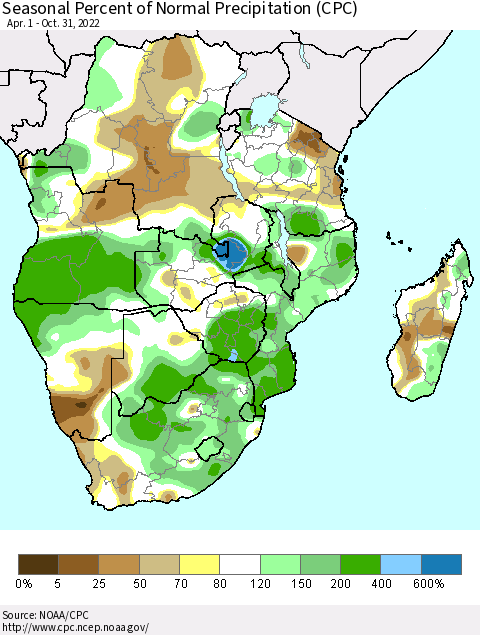Southern Africa Seasonal Percent of Normal Precipitation (CPC) Thematic Map For 4/1/2022 - 10/31/2022