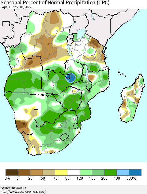 Southern Africa Seasonal Percent of Normal Precipitation (CPC) Thematic Map For 4/1/2022 - 11/10/2022