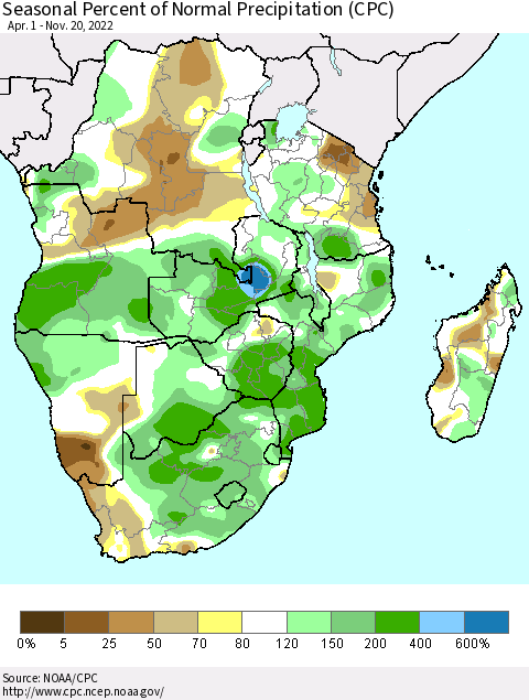 Southern Africa Seasonal Percent of Normal Precipitation (CPC) Thematic Map For 4/1/2022 - 11/20/2022