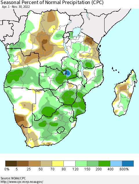 Southern Africa Seasonal Percent of Normal Precipitation (CPC) Thematic Map For 4/1/2022 - 11/30/2022