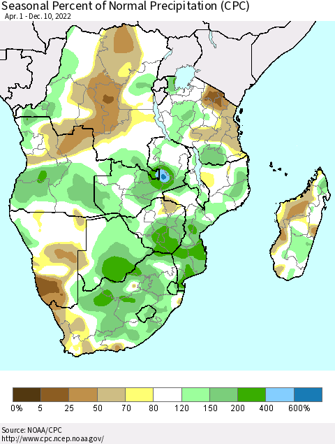 Southern Africa Seasonal Percent of Normal Precipitation (CPC) Thematic Map For 4/1/2022 - 12/10/2022