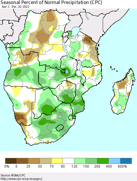 Southern Africa Seasonal Percent of Normal Precipitation (CPC) Thematic Map For 4/1/2022 - 12/20/2022