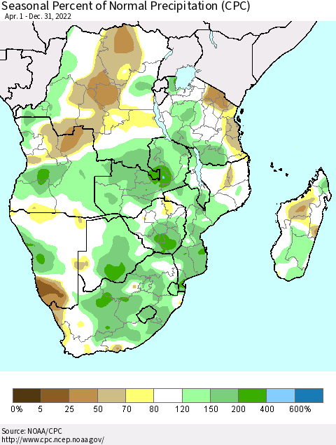 Southern Africa Seasonal Percent of Normal Precipitation (CPC) Thematic Map For 4/1/2022 - 12/31/2022
