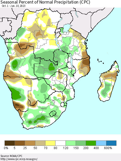 Southern Africa Seasonal Percent of Normal Precipitation (CPC) Thematic Map For 10/1/2022 - 1/10/2023