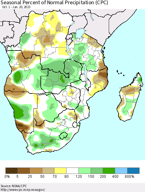 Southern Africa Seasonal Percent of Normal Precipitation (CPC) Thematic Map For 10/1/2022 - 1/20/2023