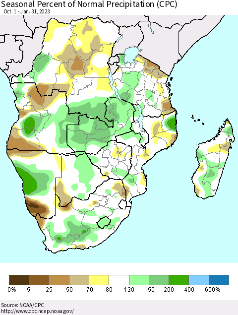 Southern Africa Seasonal Percent of Normal Precipitation (CPC) Thematic Map For 10/1/2022 - 1/31/2023