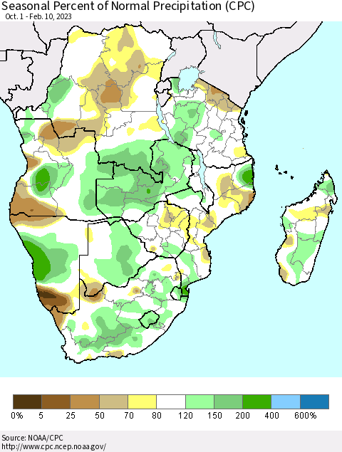 Southern Africa Seasonal Percent of Normal Precipitation (CPC) Thematic Map For 10/1/2022 - 2/10/2023