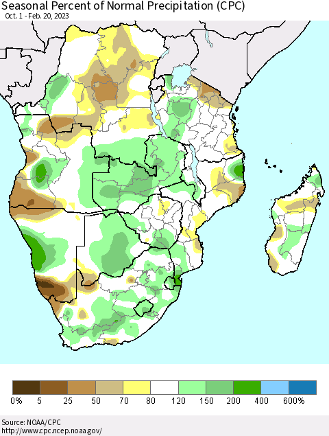 Southern Africa Seasonal Percent of Normal Precipitation (CPC) Thematic Map For 10/1/2022 - 2/20/2023