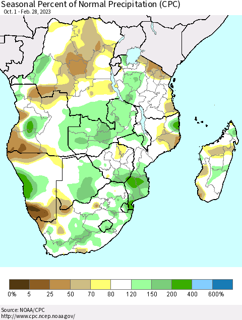 Southern Africa Seasonal Percent of Normal Precipitation (CPC) Thematic Map For 10/1/2022 - 2/28/2023