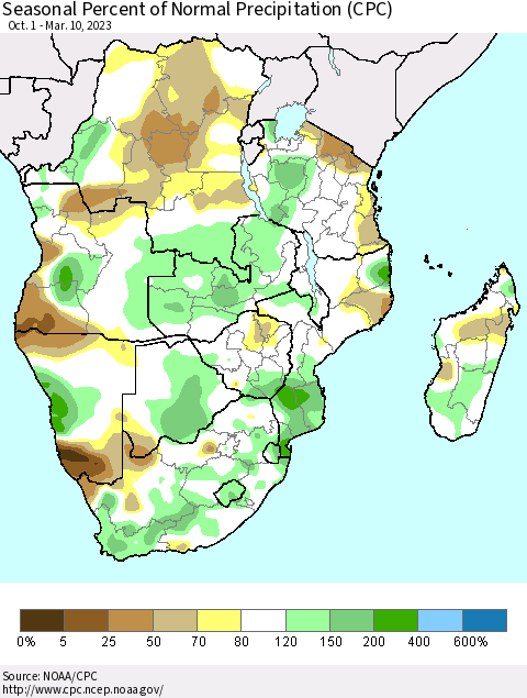 Southern Africa Seasonal Percent of Normal Precipitation (CPC) Thematic Map For 10/1/2022 - 3/10/2023