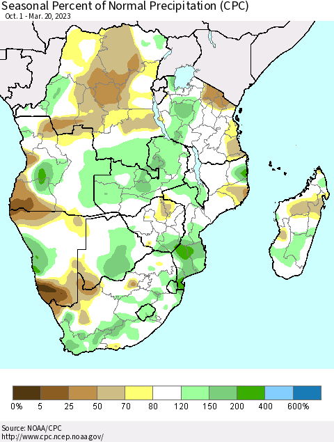 Southern Africa Seasonal Percent of Normal Precipitation (CPC) Thematic Map For 10/1/2022 - 3/20/2023