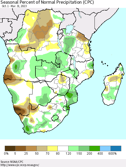 Southern Africa Seasonal Percent of Normal Precipitation (CPC) Thematic Map For 10/1/2022 - 3/31/2023