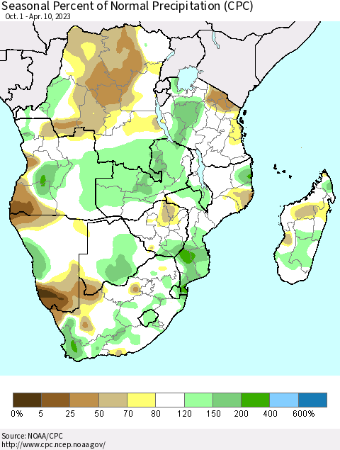 Southern Africa Seasonal Percent of Normal Precipitation (CPC) Thematic Map For 10/1/2022 - 4/10/2023