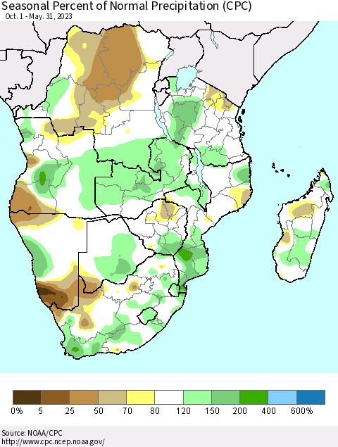 Southern Africa Seasonal Percent of Normal Precipitation (CPC) Thematic Map For 10/1/2022 - 5/31/2023