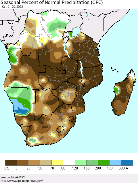 Southern Africa Seasonal Percent of Normal Precipitation (CPC) Thematic Map For 10/1/2022 - 10/20/2022