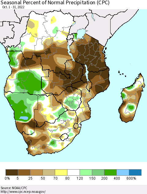 Southern Africa Seasonal Percent of Normal Precipitation (CPC) Thematic Map For 10/1/2022 - 10/31/2022