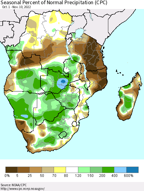Southern Africa Seasonal Percent of Normal Precipitation (CPC) Thematic Map For 10/1/2022 - 11/10/2022